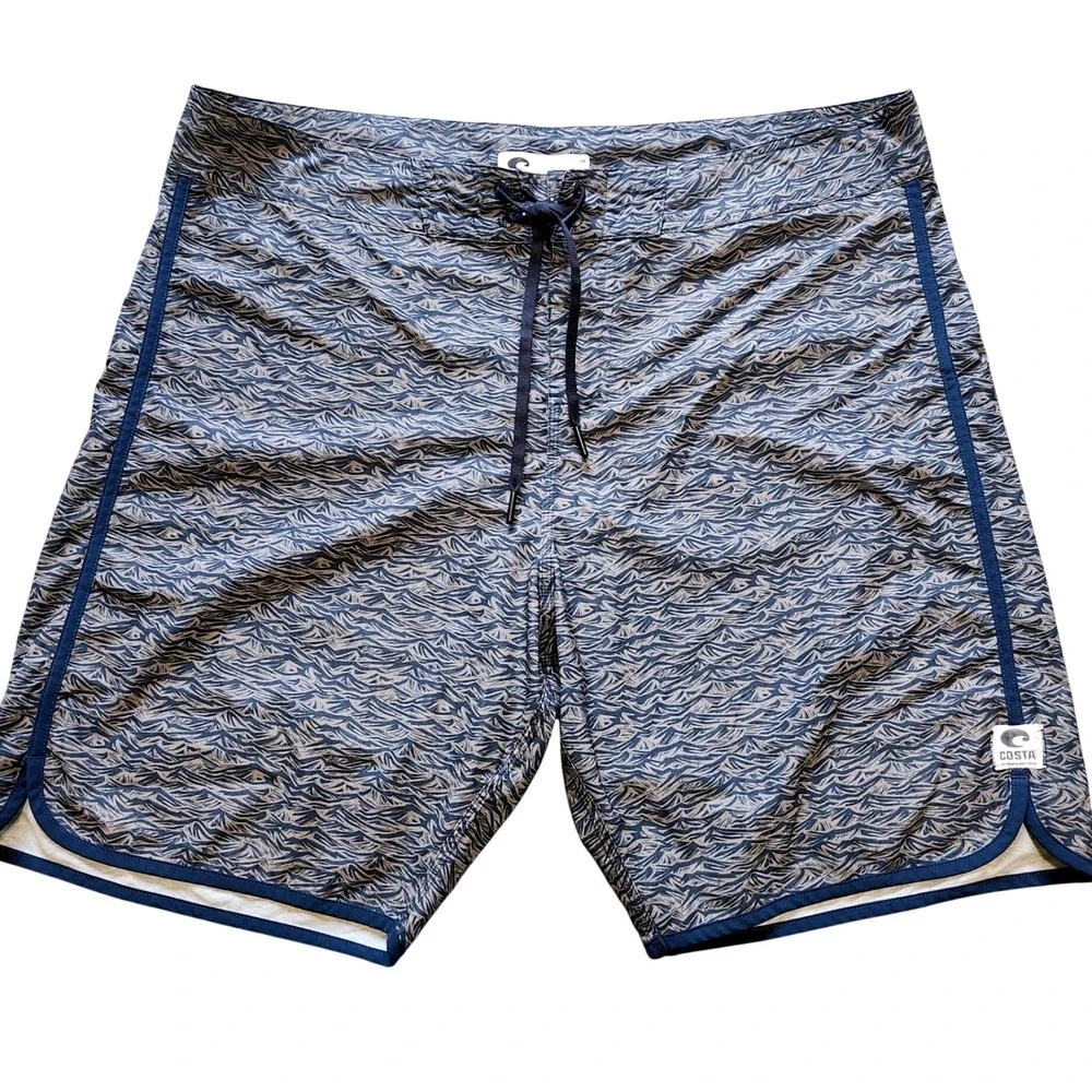 Costa Del Mar Board Shorts Mens 38 Wave Print Blue Performance Swim Trunks